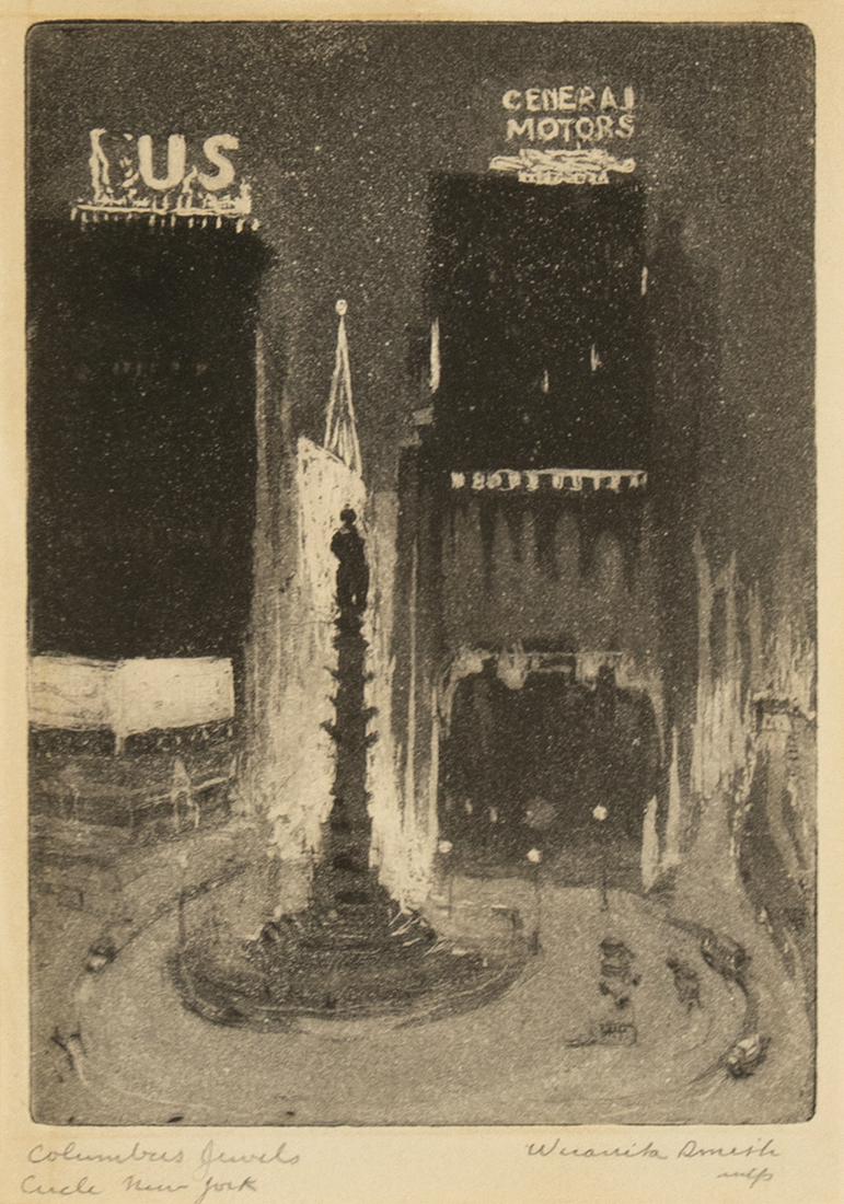 Wuanita Smith, Columbus Jewels, ca. 1930: Wuanita Smith (1866 - 1959) Columbus Jewels, ca. 1930 aquatint signed lower right: Wuanita Smith / imp titled lower left: Columbus Jewels / Circle New York 7 x 5 in. (17.78 x 12.70 cm.), Sheet: 8 1/4 