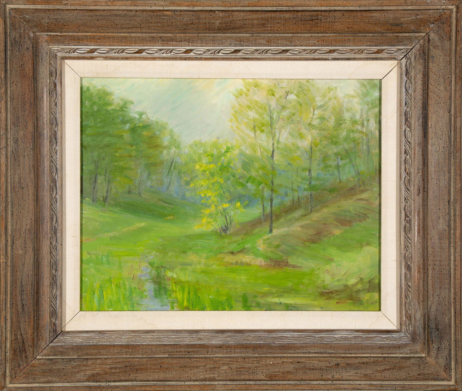 Bert Geer Phillips, Untitled (Spring Landscape): Bert Geer Phillips(1868 - 1956)Untitled (Spring Landscape)oil on canvasDiscovered underneath a signed portrait by Phillips in 2000. Further information available upon request.14 x 18 in. (35.56 x 45.7