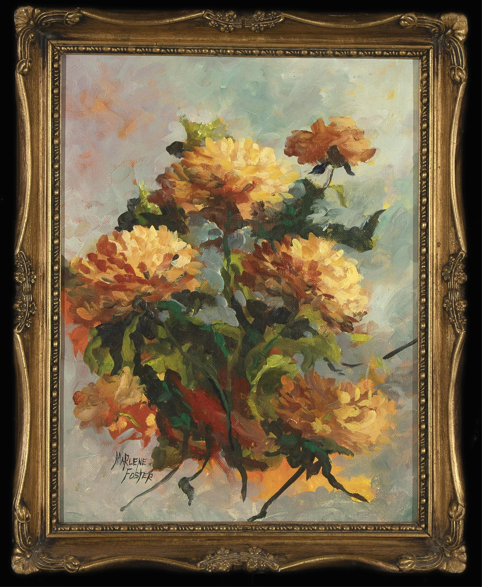 Marlene Foster, Orange Peonies: Marlene Foster (20th Century) Orange Peonies oil on canvas-board signed lower left: MARLENE / FOSTER 14 x 11 in. (35.56 x 27.94 cm.), Frame: 16 1/4 x 13 1/4 x 1 1/2 in. (41.28 x 33.66 x 3.81 cm.) A Pr