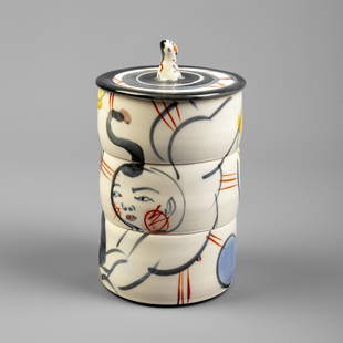 Akio Takamori, Baby Boy Stacked Triple Lidded Box: Akio Takamori(1950 - 2017)Baby Boy Triple Stacked Lidded Boxglazed porcelainsigned and inscribed under lid and each sectionheight 9 x diameter 5 1/8 in. (22.86 x 13.02 cm.) The Barbara and Ed Okun Col