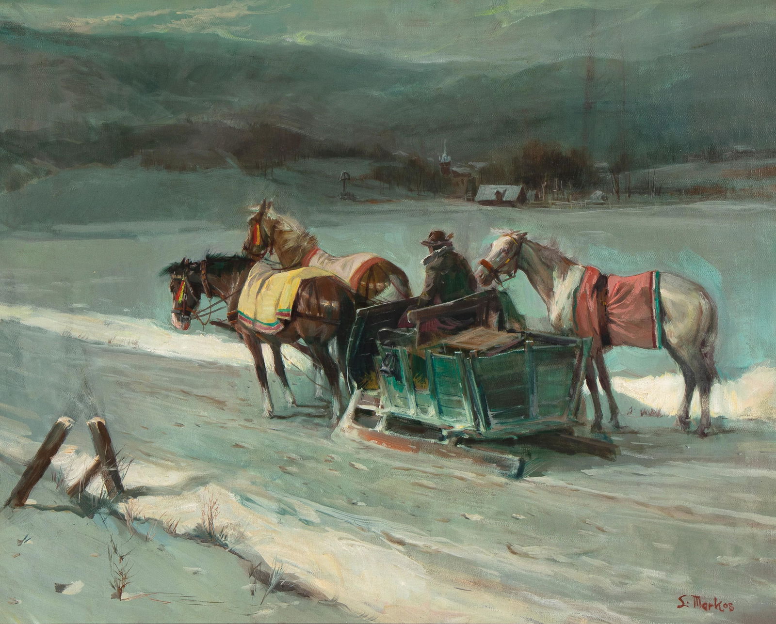 Lajos Markos, Horse Drawn Sleigh in Snow (1 of 2)