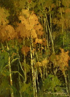 Jerry Jordan, Ski Valley Aspens: Jerry Jordan(b. 1944)Ski Valley Aspensoil on boardsigned lower right: Jerry Jordan / T.a.o.s.16 x 12 in. (40.64 x 30.48 cm.), Frame: 21 1/2 x 17 1/2 x 2 in. (54.61 x 44.45 x 5.08 cm.) Private Collecti