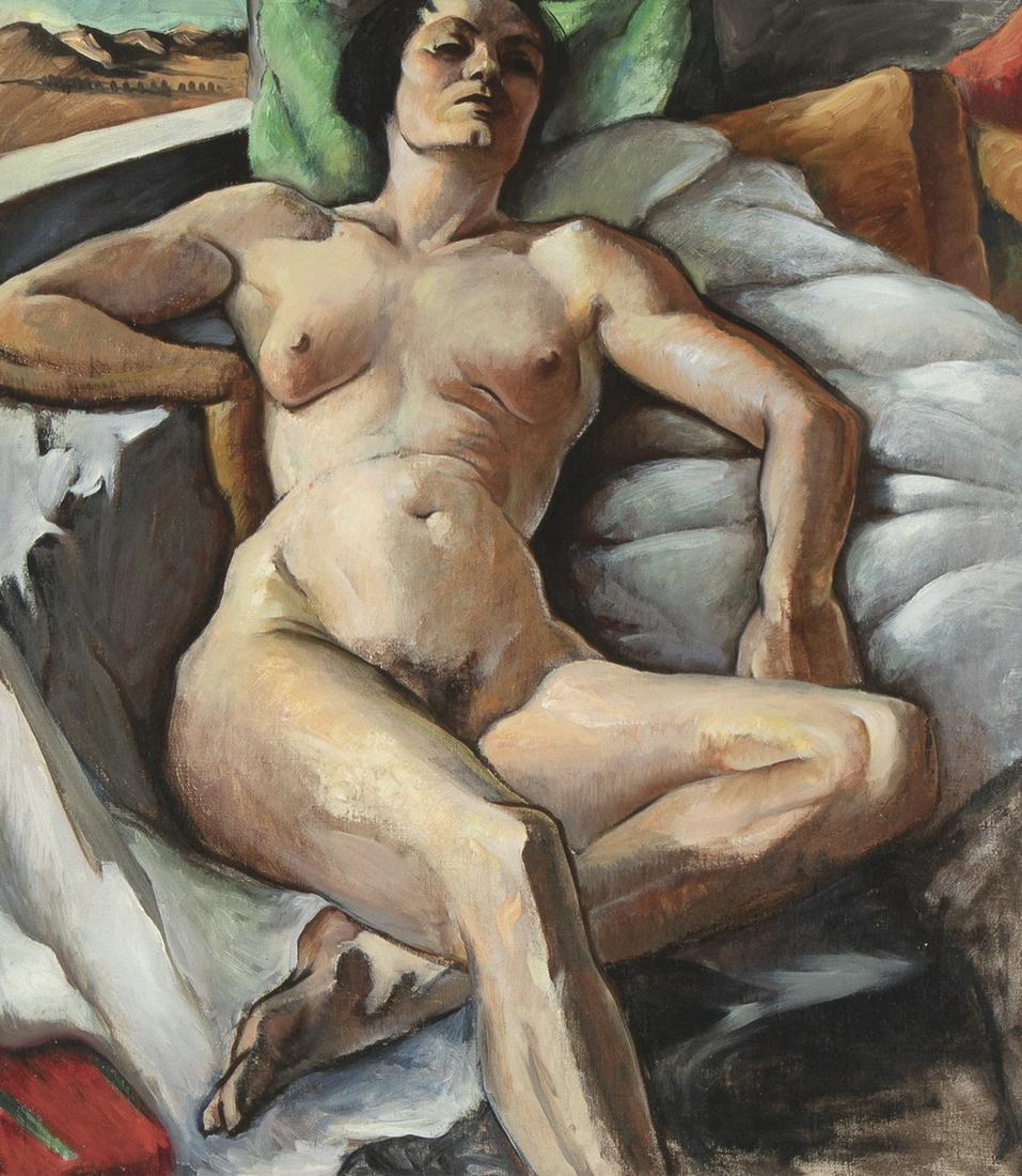 Virginia True, Reclining Nude: Virginia True(1900 - 1989)Reclining Nudeoil on canvasartist's estate stamp verso32 x 28 in. (81.28 x 71.12 cm.), Frame: 39 x 35 x 1 in. (99.06 x 88.90 x 2.54 cm.) Estate of the ArtistLepore Fine