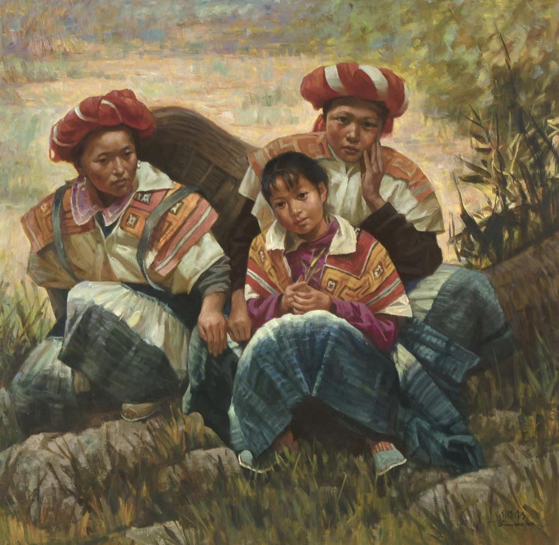 Jie Wei Zhou, Untitled (Three Women): Jie Wei Zhou(Chinese, b. 1962)Untitled (Three Women)oil on canvassigned lower right: [Mandarin] / Jie Wei Zhou35 x 36 in. (88.90 x 91.44 cm.), Frame: 43 3/8 x 44 3/8 x 2 1/4 in. (110.17 x 112.71 x 5.7
