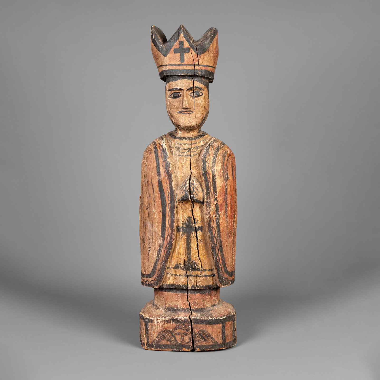 Frank Applegate, Bulto of Bishop, ca. 1930: Attributed to Frank Applegate(1882 - 1931)Bulto of Bishop, ca. 1930carved wood, gesso, pigmentfeaturing painted depictions of a monstrance, cross, and putti26 x 8 x 5 in. (66.04 x 20.32 x 12.70 cm.) C