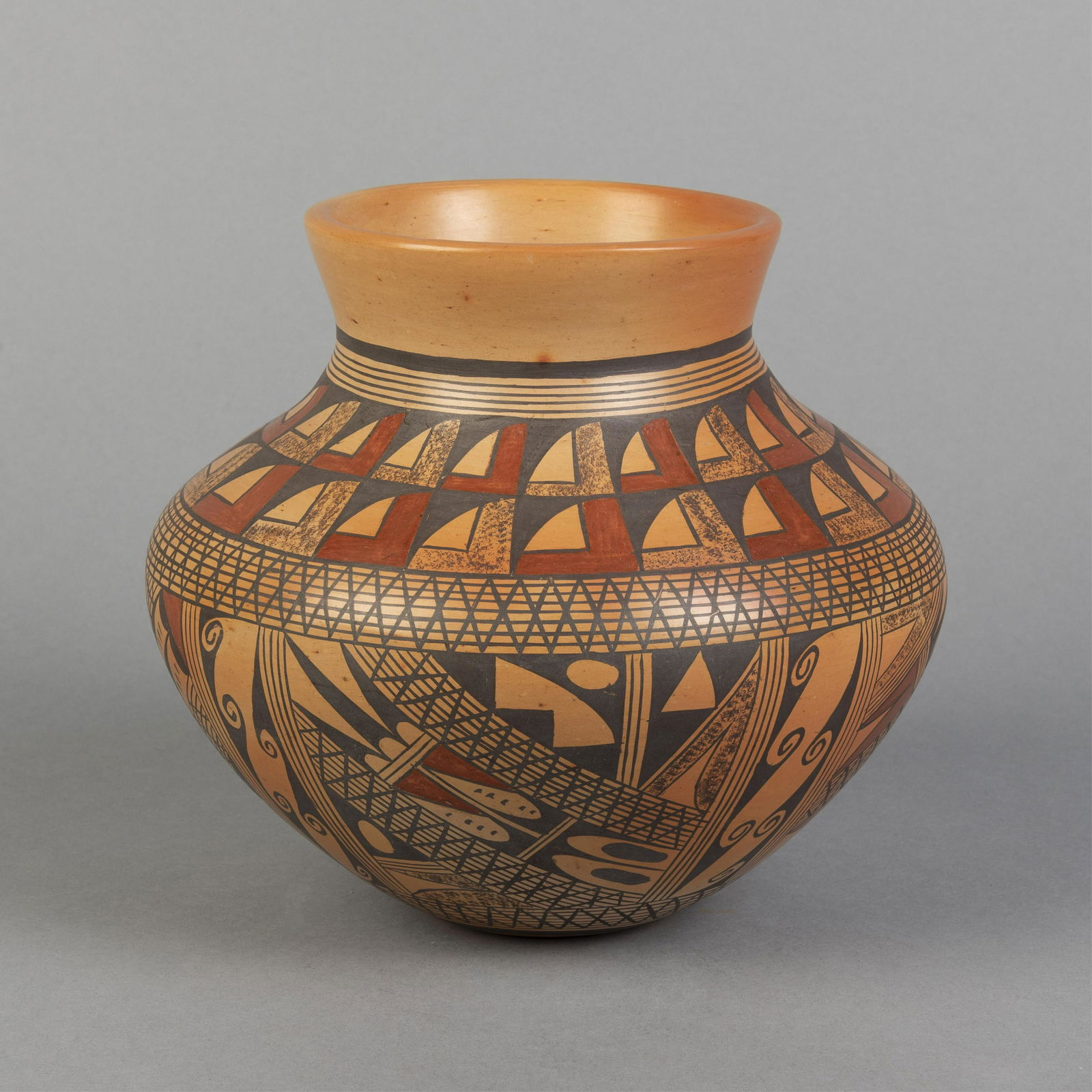 Hopi, Rondina Huma, Polychrome Jar, ca. 1980: Rondina Huma(Hopi, b. 1947)Polychrome Jar, ca. 1980fired clay, pigmentinscribed underside: RONDINA / HUMAheight 6 3/4 x diameter 7 1/2 in. (17.15 x 19.05 cm.) Private Collection, New York