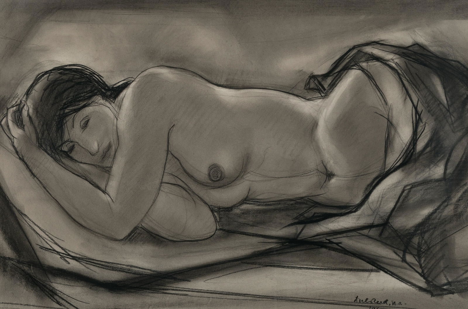 Doel Reed, Nude in Repose, 1969: Doel Reed(1895 - 1985)Nude in Repose, 1969black crayon on papersigned lower right: Doel Reed n.a. / 1969inscribed verso: Nude in Repose / Black Crayon / 200-12 x 18 in. (30.48 x 45.72 cm.), Frame: 18
