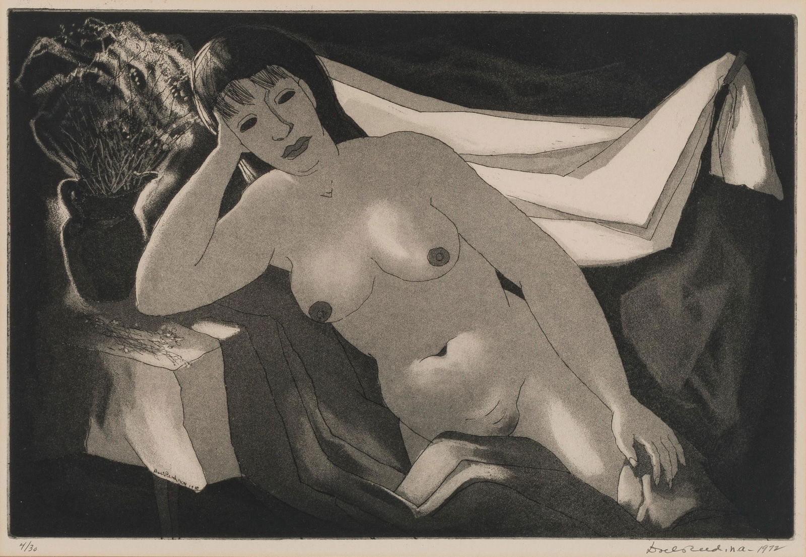 Doel Reed, Nude in Winter Bouquet, 1972: Doel Reed(1895 - 1985)Nude in Winter Bouquet, 1972aquatint, edition 4 of 30signed and dated lower right: Doel Reed n.a.- 1972edtioned lower left: 4/3011 3/4 x 17 3/4 in. (29.85 x 45.09 cm.), Frame: 23