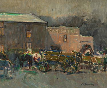 Jerry Jordan, Untitled (Columbian Hotel): Jerry Jordan(b. 1944)Untitled (Columbian Hotel)oil on boardsigned lower right: Jerry Jordan / T.a.o.s.19 5/8 x 23 1/2 in. (49.85 x 59.69 cm.), Frame: 27 x 30 7/8 x 1 1/4 in. (68.58 x 78.42 x 3.18 cm.)