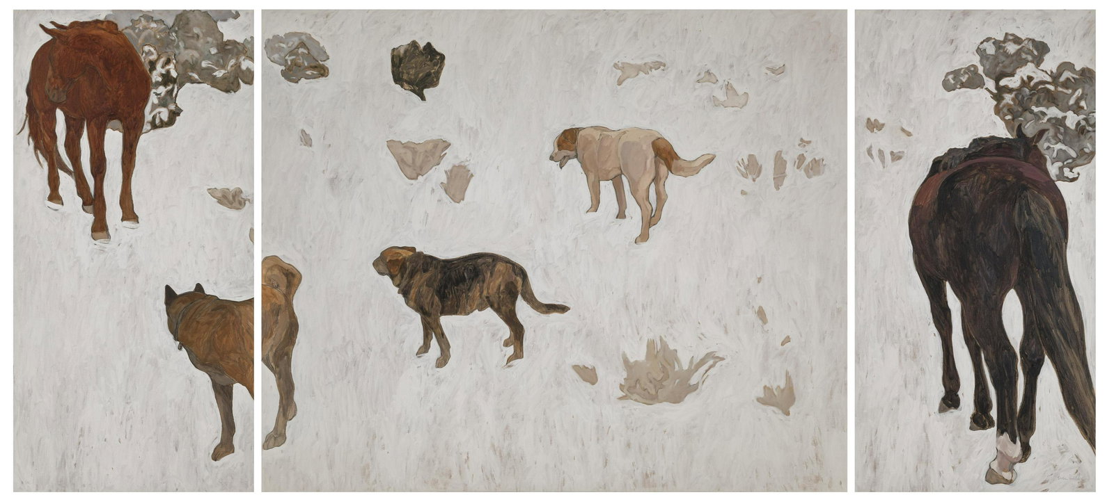 Susan Hertel, Two Horses, Three Dogs in the Snow: Susan Hertel(1930 - 1992)Two Horses, Three Dogs in the Snowoil on canvassigned lower right: Susan Hertel49 1/2 x 108 1/4 in. (125.73 x 274.96 cm.) The ArtistThe Loloma Collection, New Mexico