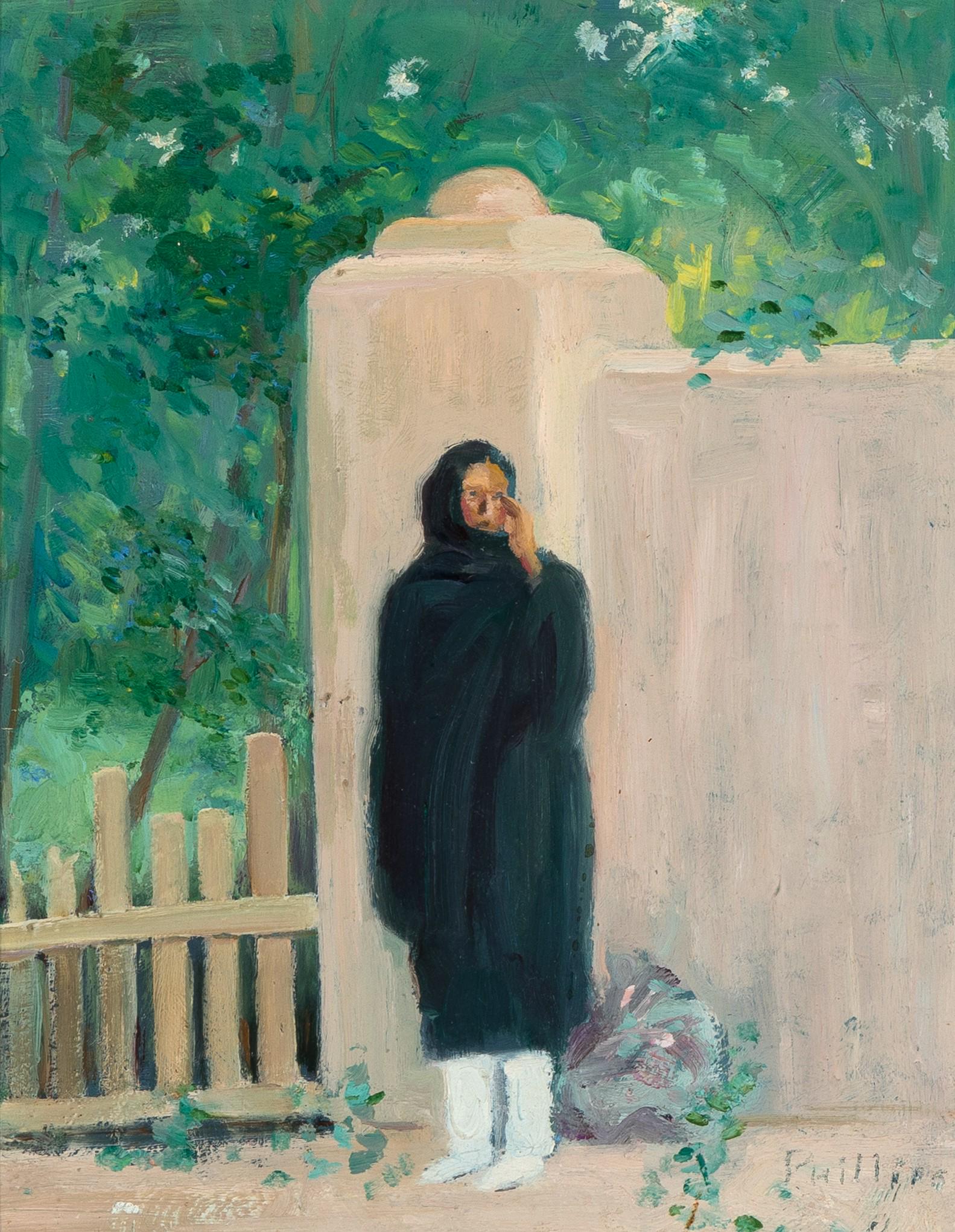 Bert Geer Phillips, Untitled (Indian Woman in Taos): Bert Geer Phillips(1868 - 1956)Untitled (Indian Woman in Taos)oil on boardsigned lower right: PHillips9 7/8 x 7 7/8 in. (25.08 x 20 cm.), Frame: 17 x 15 x 1 1/8 in. (43.18 x 38.10 x 2.86 cm.) Private