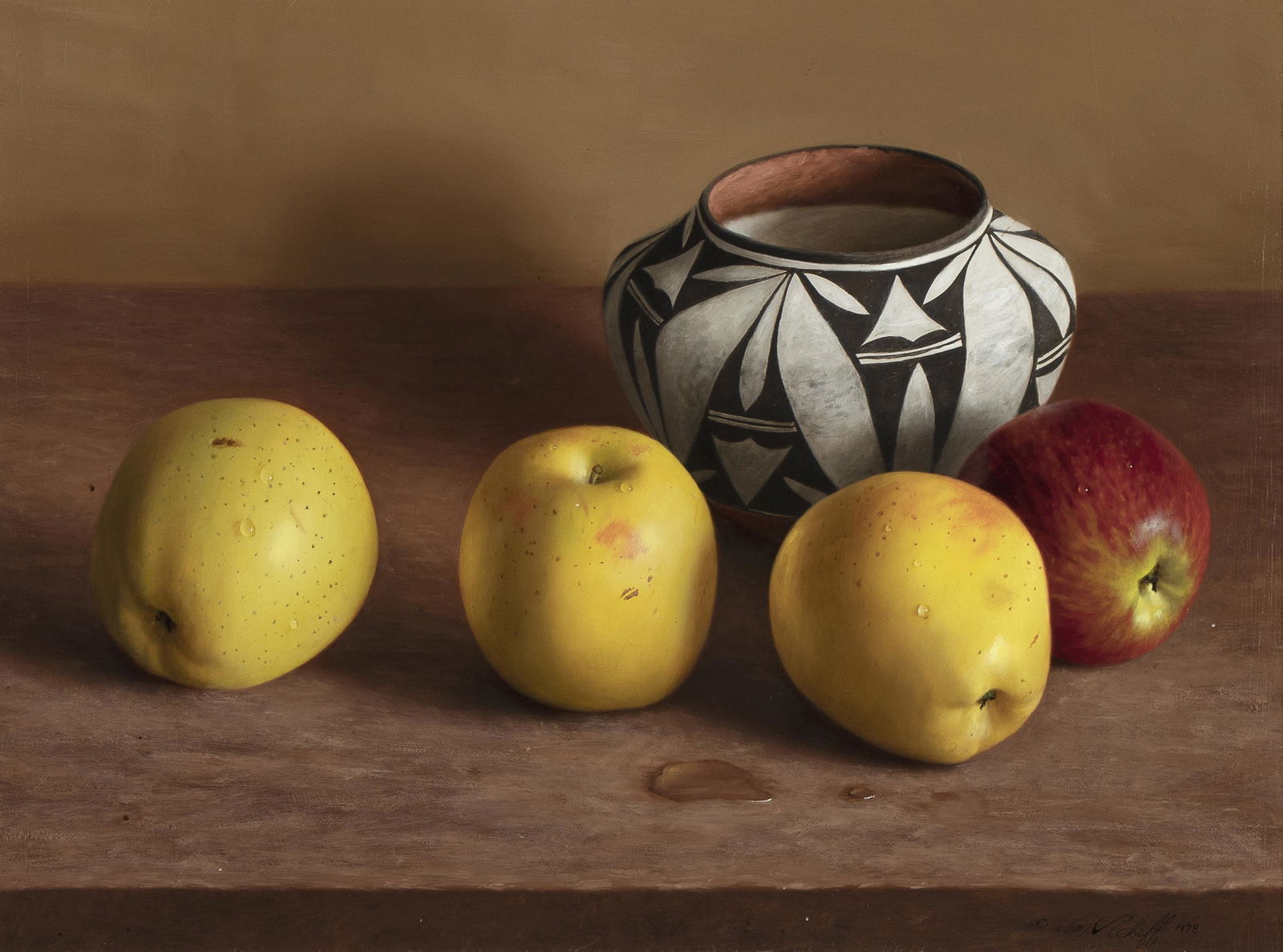 William Acheff, Apples and Acoma, 1978: William Acheff(b. 1947)Apples and Acoma, 1978oil on linensigned and dated lower right: © Wm. Acheff 1978inscribed verso: W. Acheff 2-78 "Apples and Acoma" / Wm. Acheff12 x 16 in. (30.48 x 4
