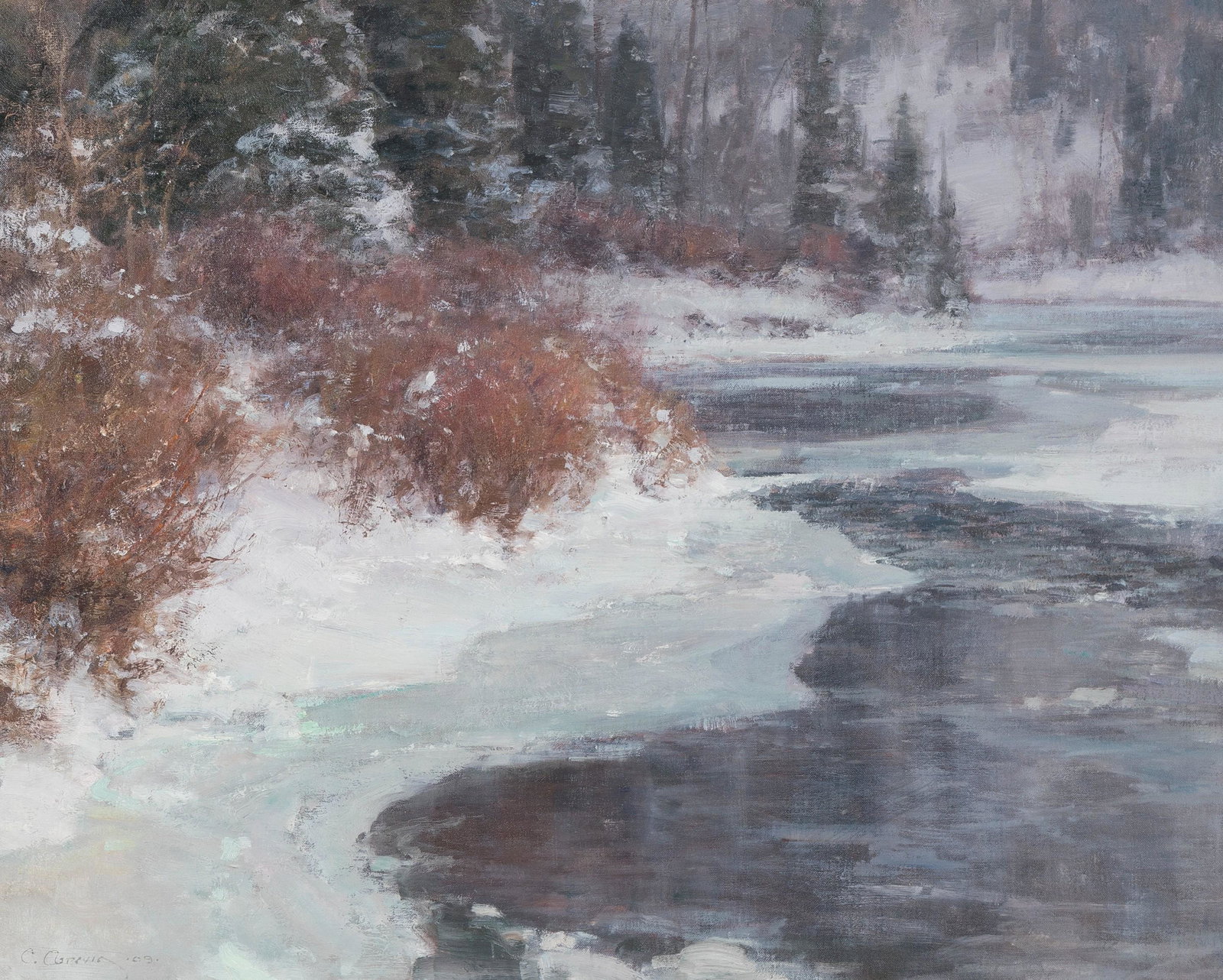 Clyde Aspevig, The Calm of Winter, 2009: Clyde Aspevig(b. 1951)The Calm of Winter, 2009oil on linen panelsigned and dated lower left: C. Aspevig .09.24 x 30 in. (60.96 x 76.20 cm.), Frame: 30 1/4 x 36 1/4 x 2 in. (76.84 x 92.08 x 5.08 cm.) C