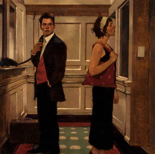 Joseph Lorusso, Stranger at the Elevator: Joseph Lorusso(b. 1966)Stranger at the Elevatoroil on boardsigned upper left: LORUSSOinscribed verso: Stranger at the Elevator 30.3030 x 30 in. (76.20 x 76.20 cm.), Frame: 37 3/4 x 37 3/4 x 2 1/8 in.