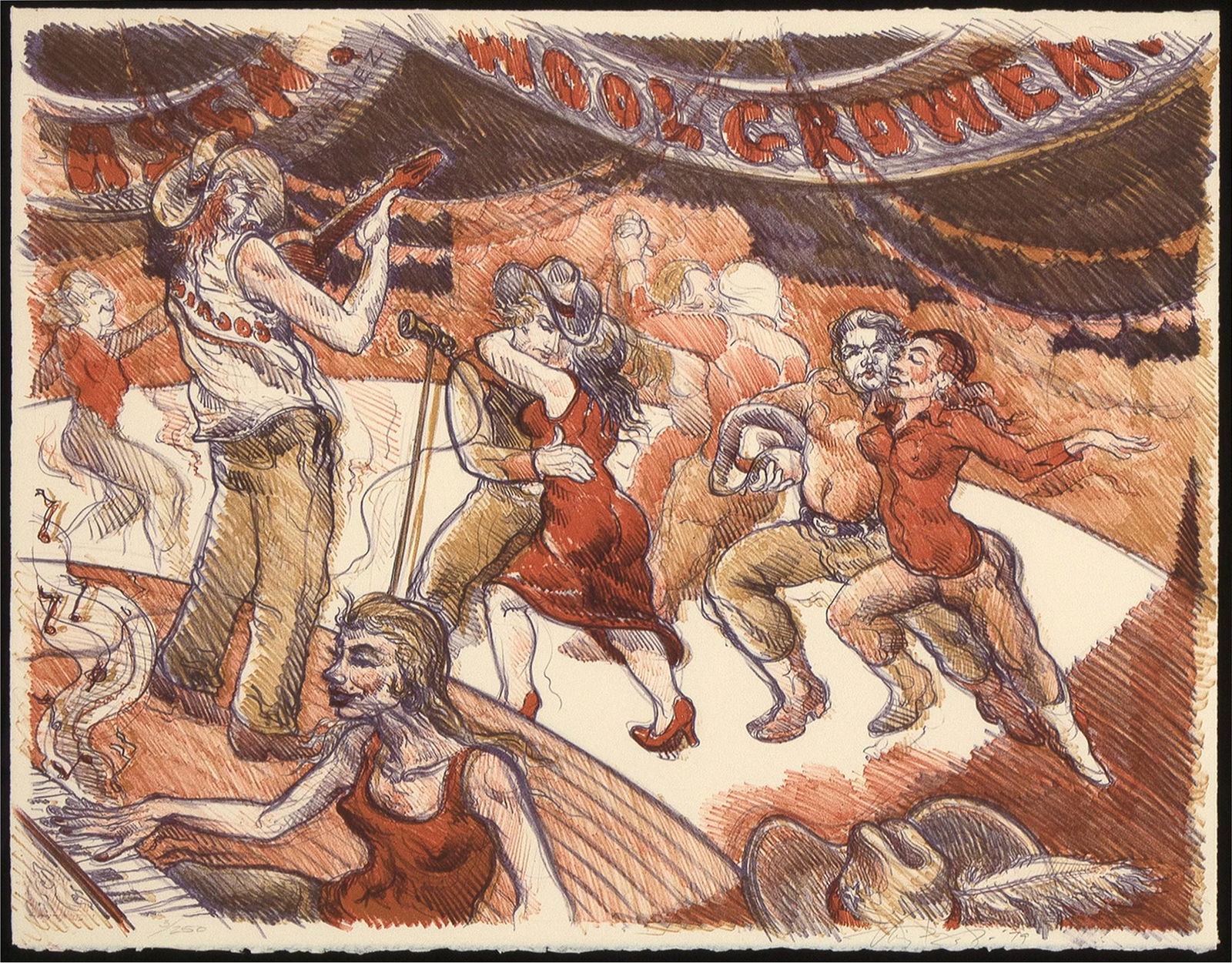 Luis Jimenez, Willie Nelson at the Woolgrowers Dance,: Luis Jimenez(1940 - 2006)Willie Nelson at the Woolgrowers Dance, 1979color lithograph, edition 3 of 250signed and dated lower right: Luis Jimenez -79editioned lower left: 3/25019 1/4 x 25 in. (48.90 x