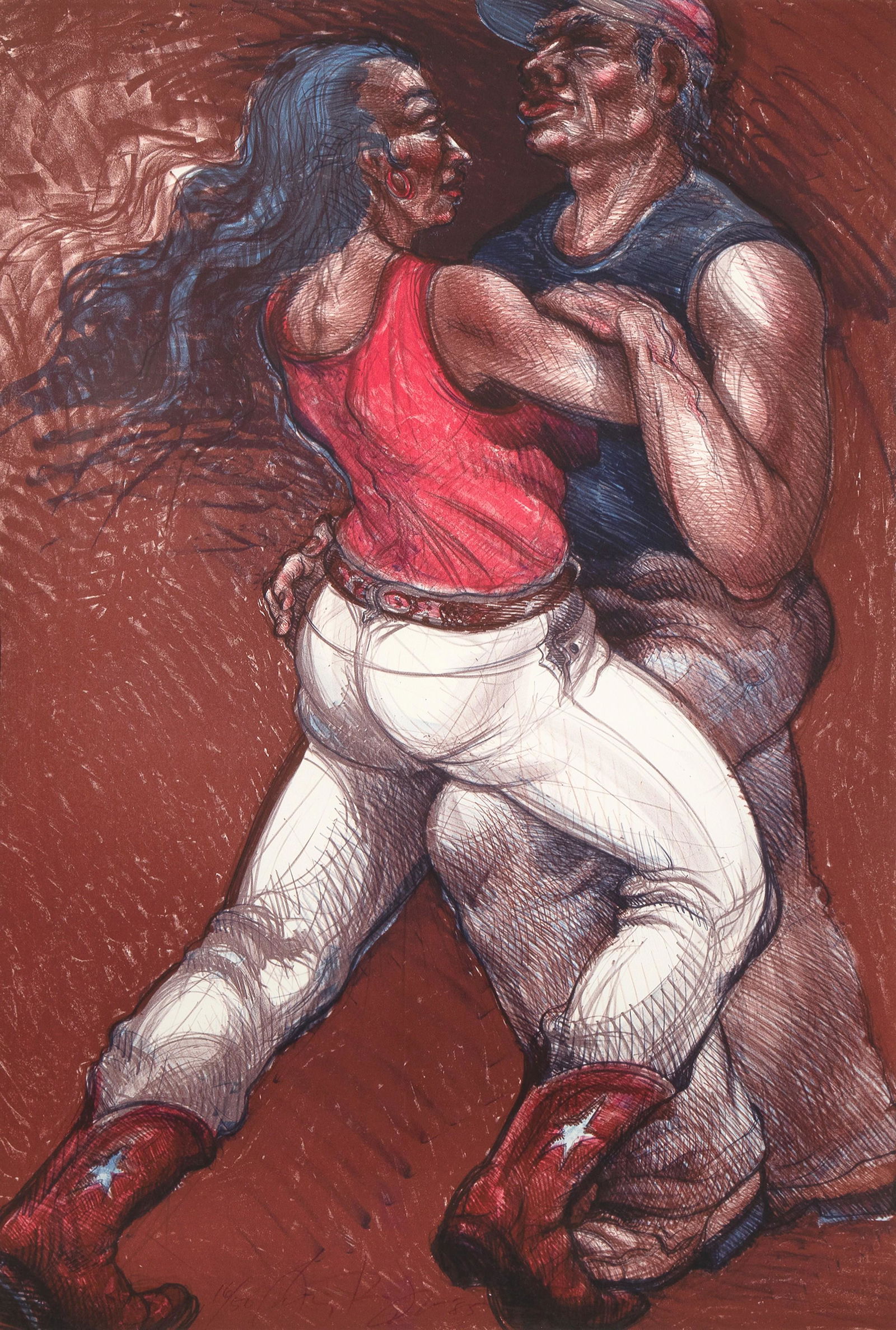 Luis Jimenez, Texas Waltz, 1985: Luis Jimenez(1940 - 2006)Texas Waltz, 1985color lithograph, edition 16 of 50editioned, signed and dated lower center: 16/50 Luis Jimenez '8548 x 31 1/4 in. (121.92 x 79.38 cm.), Frame: 55 1/4 x 39 x 1