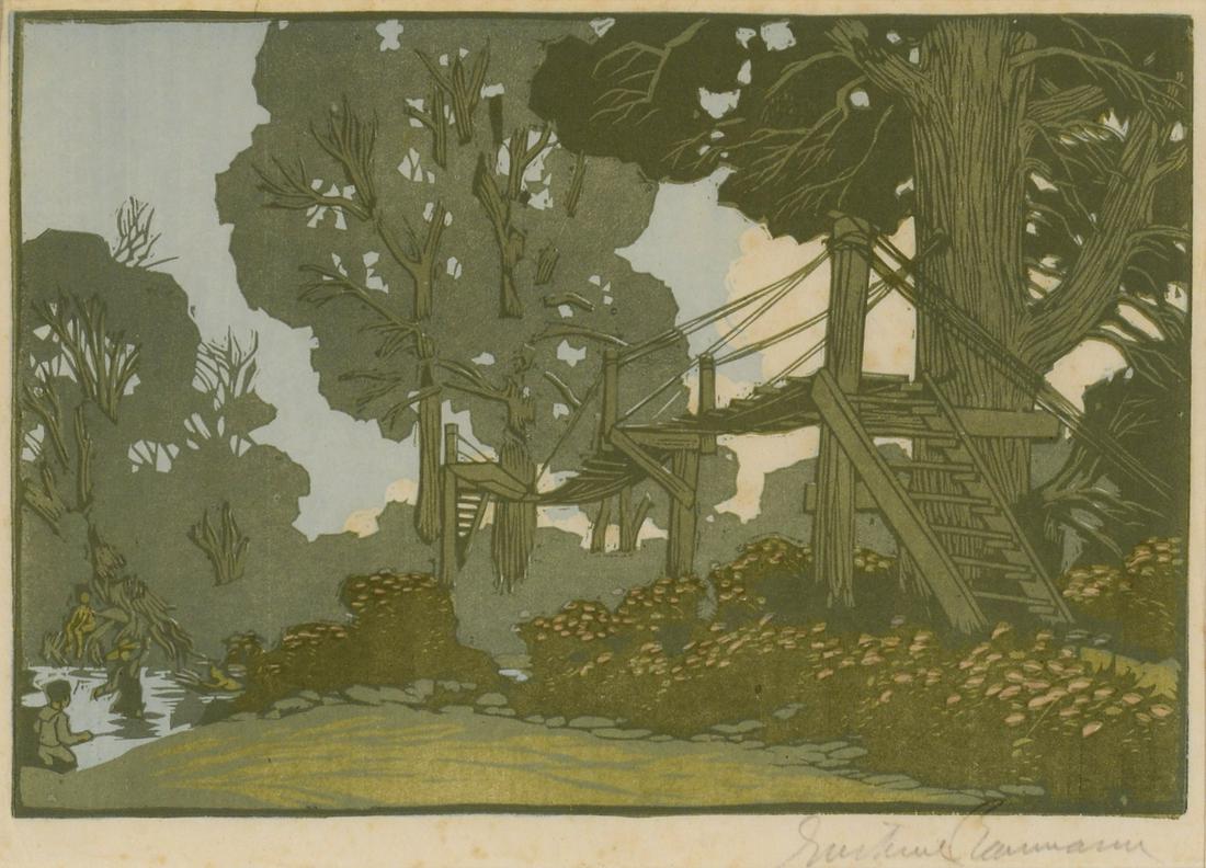 Gustave Baumann, The Suspension Bridge, 1910: Gustave Baumann(German-American, 1881 - 1971)The Suspension Bridge, 1910color woodcutsigned lower right: Gustave Baumann9 x 13 1/8 in. (22.86 x 33.34 cm.), Frame: 21 1/8 x 25 1/4 x 7/8 in. (53.66 x 64