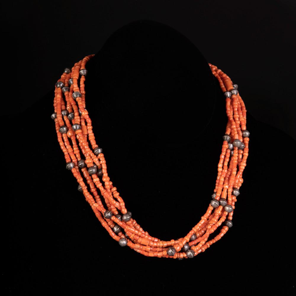 Pueblo, Seven Strand Coral and Silver Necklace, ca. (1 of 3)