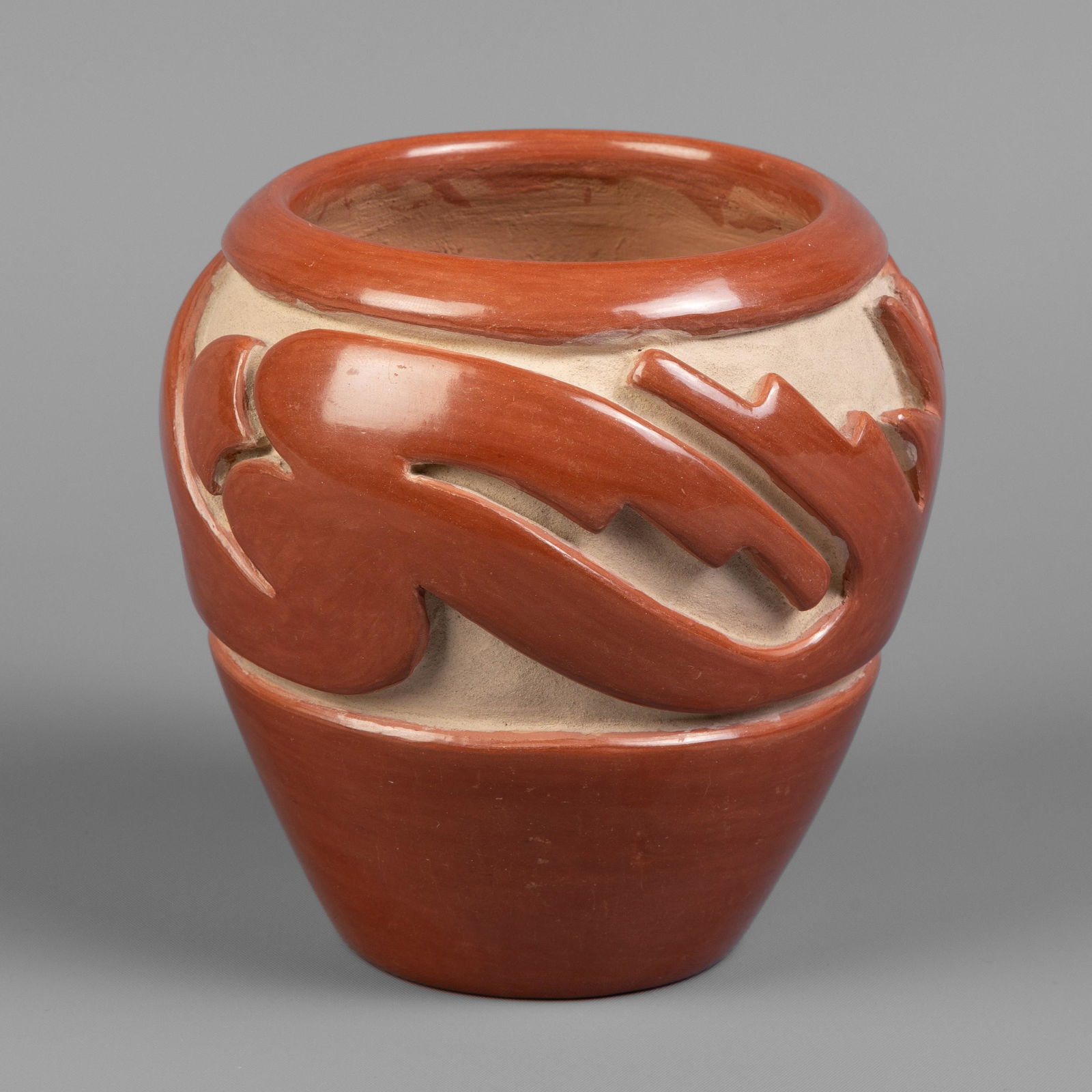 Santa Clara, Teresita Naranjo, Carved Redware Jar, ca.: Teresita Naranjo(Santa Clara, 1919 - 1999)Carved Redware Jar, ca. 1970fired clayinscribed underside: Teresita / Naranjo / Santa Clara / Puebloheight 5 x diameter 5 in. (12.70 x 12.70 cm.) Private Coll