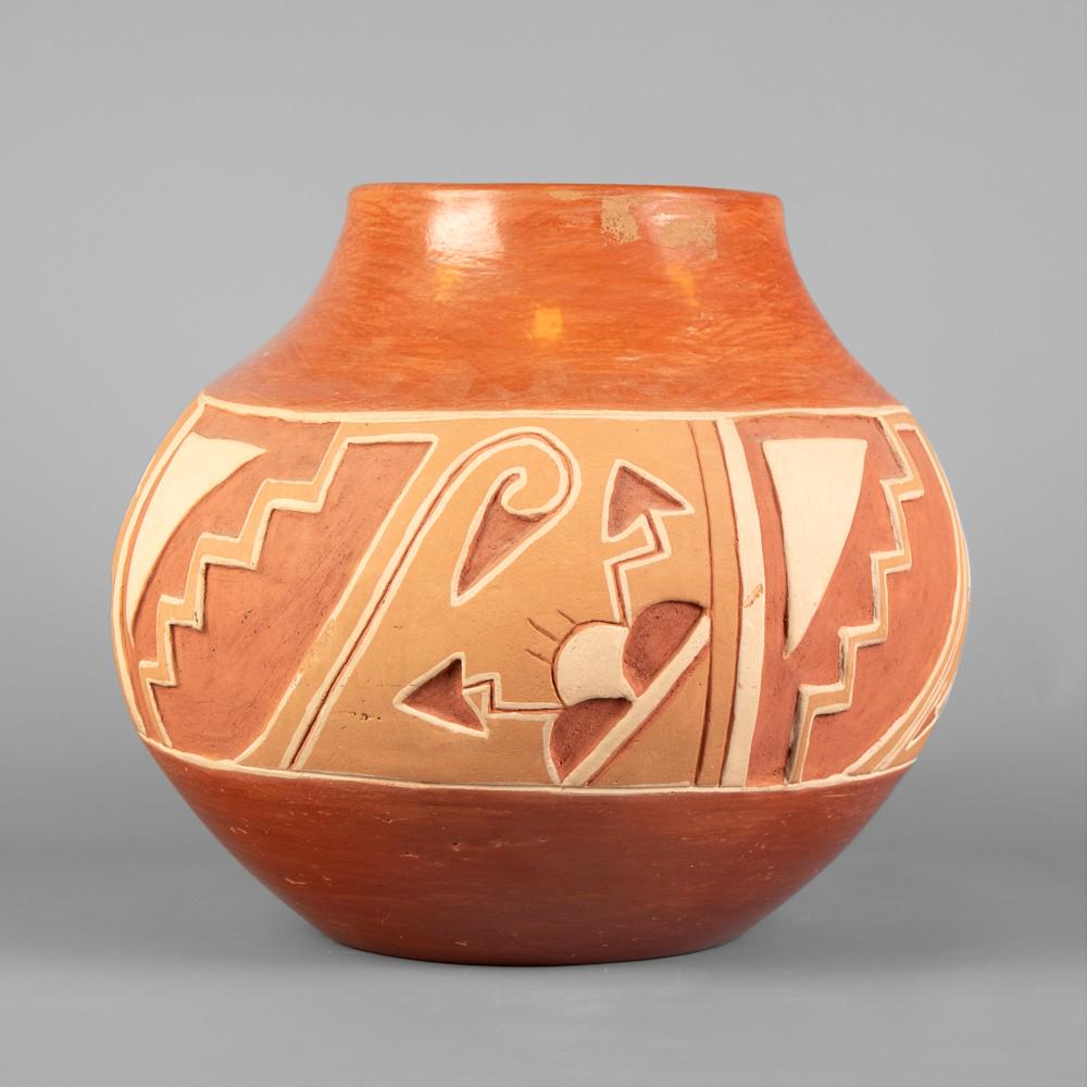 Ohkay Owingeh [San Juan], Tomasita Montoya, Carved: Tomasita Montoya(Ohkay Owingeh [San Juan], 1899 - 1978)Carved Redware Jarfired clay, pigmentinscribed underside: Tomasita / Montoya / San Juan Pueheight 11 1/2 x diameter 13 1/2 in. (29.21 x 34.29 cm.