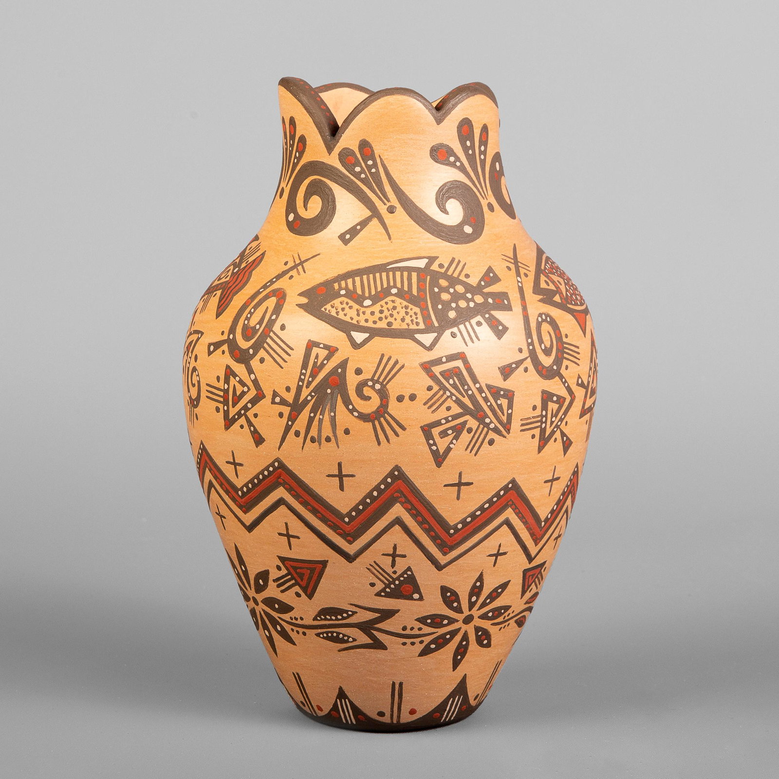 Jemez, Glendora Fragua, Polychrome Pictorial Jar: Glendora Fragua (Jemez, b. 1958) Polychrome Pictorial Jar fired clay, pigment inscribed underside: [artist's corn cipher] height 6 1/4 x diameter 3 7/8 in. (15.88 x 9.84 cm.) Private Collection, New M