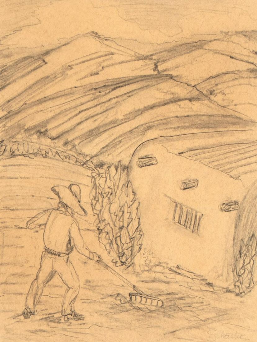Will Shuster, Untitled (New Mexico Farmer): Will Shuster(1893 - 1969)Untitled (New Mexico Farmer)graphite on papersigned lower right: Shuster11 1/8 x 8 3/8 in. (28.26 x 21.27 cm.), Frame: 18 1/2 x 15 3/4 in. (46.99 x 40.01 cm.) Private Collecti
