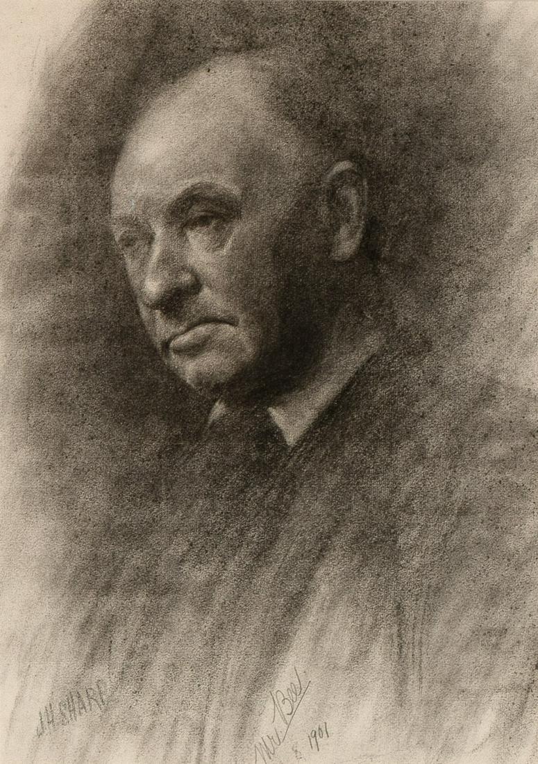 Joseph Henry Sharp, Portrait of Mr. Bee, 1901: Joseph Henry Sharp(1859 - 1953)Portrait of Mr. Bee, 1901charcoal on papersigned lower left: J.H. SHARPtitled and dated lower center: Mr. Bee / 8 190119 3/8 x 14 in. (49.21 x 35.56 cm.), Frame: 30 x 24