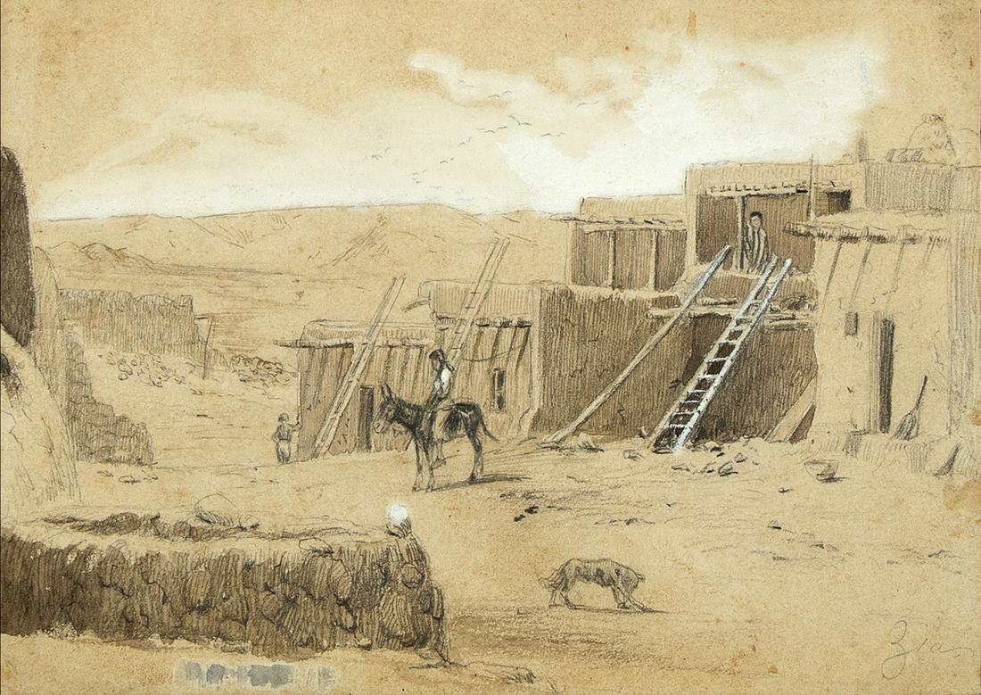 Attributed to Peter Moran, Untitled (Zia Pueblo): Attributed to Peter Moran(1841 - 1914)Untitled (Zia Pueblo)graphite and chalk on paperinscribed lower right: Zia6 7/8 x 9 5/8 in. (17.46 x 24.45 cm.) Private Collection, Florida