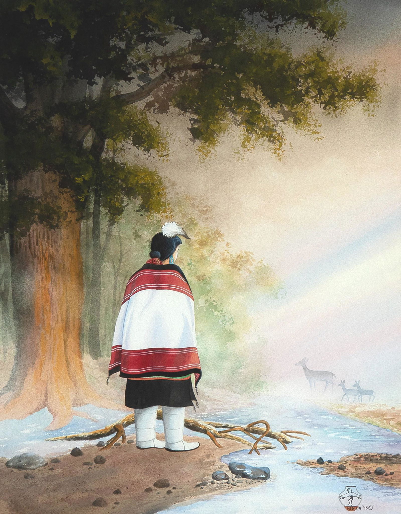 Marcellus Medina, Water Maiden and Deer, 1998: Marcellus Medina(Zia, b. 1954)Water Maiden and Deer, 1998watercolor on papersigned and dated lower right: MEDINA '98 ©inscribed verso: "Water Maiden and Deer" / Marcellus Medina18 1/2 x 14