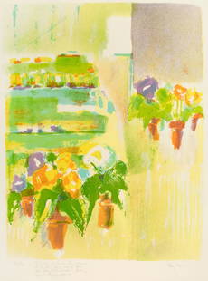Mary Page Evans, Untitled (Flower Pots): Mary Page Evans(b. 1937)Untitled (Flower Pots)color lithographsigned lower right: Mary Pageinscribed lower left: To Nathan You are indeed the genius of it all - you saved the print from total disaster