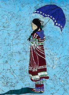 Lila Hahn, Purple Umbrella, 2003: Lila Hahn (20th Century) Purple Umbrella, 2003 batik on fabric signed lower right: HAHN / Â© inscribed verso: Best Wishes / Lila Hahn 03 / "Purple Umbrella" 19 x 13 1/8 in. (48.26 x 33.34 cm.),