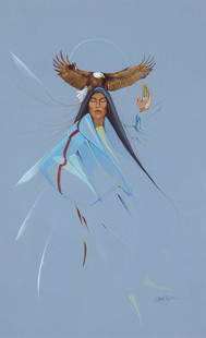 Dana Tiger, Untitled (Summoning the Eagle): Dana Tiger (Creek/Seminole/Cherokee, b. 1961) Untitled (Summoning the Eagle) gouache signed lower right: DANA TIGER. 20 1/4 x 12 1/2 in. (51.44 x 31.75 cm.), Frame: 28 1/4 x 20 1/4 x 1 in. (71.76 x