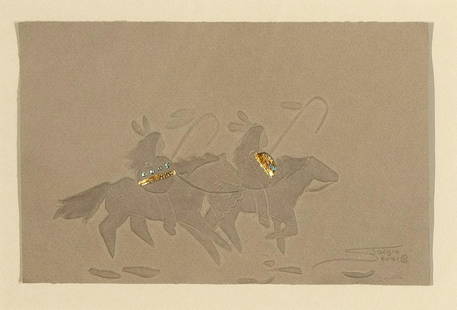 Jackie Sevier, Untitled (Two Riders): Jackie Sevier (Arapaho, 20th Century) Untitled (Two Riders) embossed intaglio with mixed media signed lower right: Jackie / Sevier / Â© 5 1/4 x 8 1/4 in. (13.34 x 20.96 cm.), Frame: 13 x 16 x 1 in.