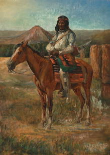 Charles Craig, Indian on Horseback, ca. 1907: Charles Craig(1846 - 1931)Indian on Horseback, ca. 1907oil on canvas panelsigned lower right: Chas Craig18 x 13 in. (45.72 x 33.02 cm.), Frame: 23 x 18 x 1 1/2 in. (58.42 x 45.72 x 3.81 cm.) Private C