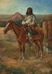 Charles Craig, Indian on Horseback, ca. 1907: Charles Craig (1846 - 1931) Indian on Horseback, ca. 1907 oil on canvas panel signed lower right: Chas Craig 18 x 13 in. (45.72 x 33.02 cm.), Frame: 23 x 18 x 1 1/2 in. (58.42 x 45.72 x 3.81 cm.) 