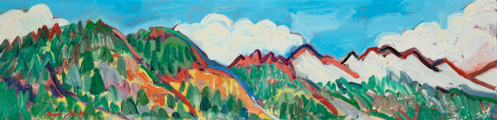 Inger Jirby, Peak of Taos Ski Valley, 2002: Inger Jirby(Swedish-American, b. 1942)Peak of Taos Ski Valley, 2002oil on linensigned, titled and dated verso: Â© Inger Jirby / Peak of Taos Ski Valley / Oct 5 2002 10x40" / Taos Ski Valley10 x