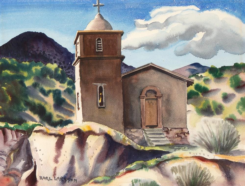 Karl Larsson, Untitled (Mexican Church): Karl Larsson(1893 - 1967)Our Lady of Guadalupe Church, Bent, NMwatercolor on papersigned lower left: KARL LARSSON12 1/2 x 16 1/2 in. (31.75 x 41.91 cm.), Frame: 21 1/4 x 25 1/8 x 1 3/4 in. (53.98 x 63