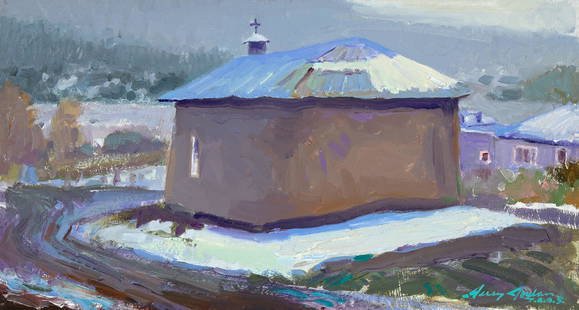 Jerry Jordan, Untitled (Adobe in Snow): Jerry Jordan(b. 1944)Untitled (Adobe in Snow)oil on linensigned lower right: Jerry Jordan T.a.o.s.8 3/4 x 16 1/8 in. (22.23 x 40.96 cm.), Frame: 10 1/4 x 17 5/8 x 2 3/8 in. (26.04 x 44.77 x 6.03 cm.)