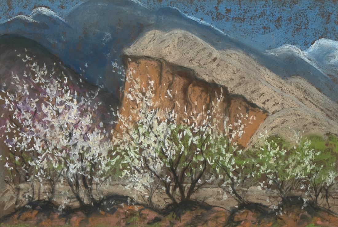Albert Schmidt, Plum Trees and Mesa: Albert Schmidt(1885 - 1957)Plum Trees and Mesapastel on cardboard9 1/8 x 14 3/8 in. (23.18 x 36.51 cm.), Frame: 19 3/8 x 24 x 1 1/8 in. (49.21 x 60.96 x 2.86 cm.) The Estate of Albert SchmidtA Private
