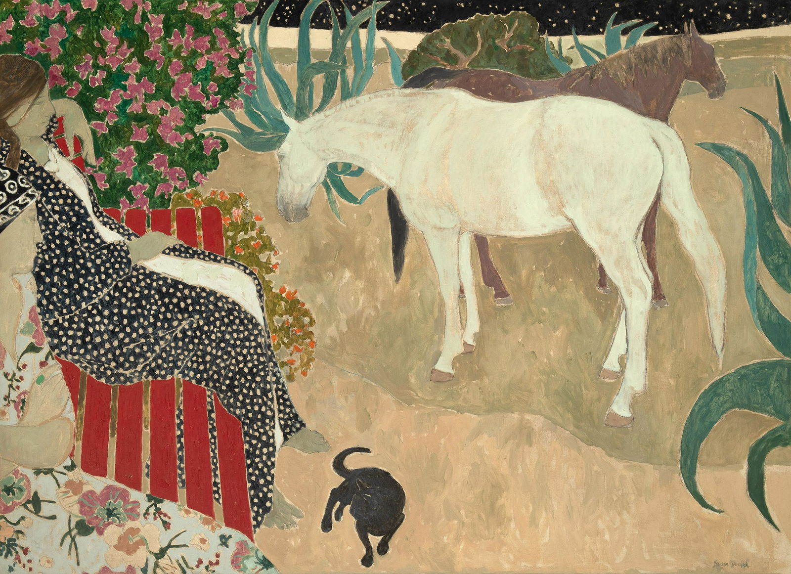 Susan Hertel, Horses in the Garden: Susan Hertel(1930 - 1992)Horses in the Gardenoil on canvassigned lower right: Susan Hertel45 x 62 in. (114.30 x 157.48 cm.), Frame: 46 3/4 x 63 3/4 x 1 in. (118.75 x 161.93 x 2.54 cm.) Windsor Betts A