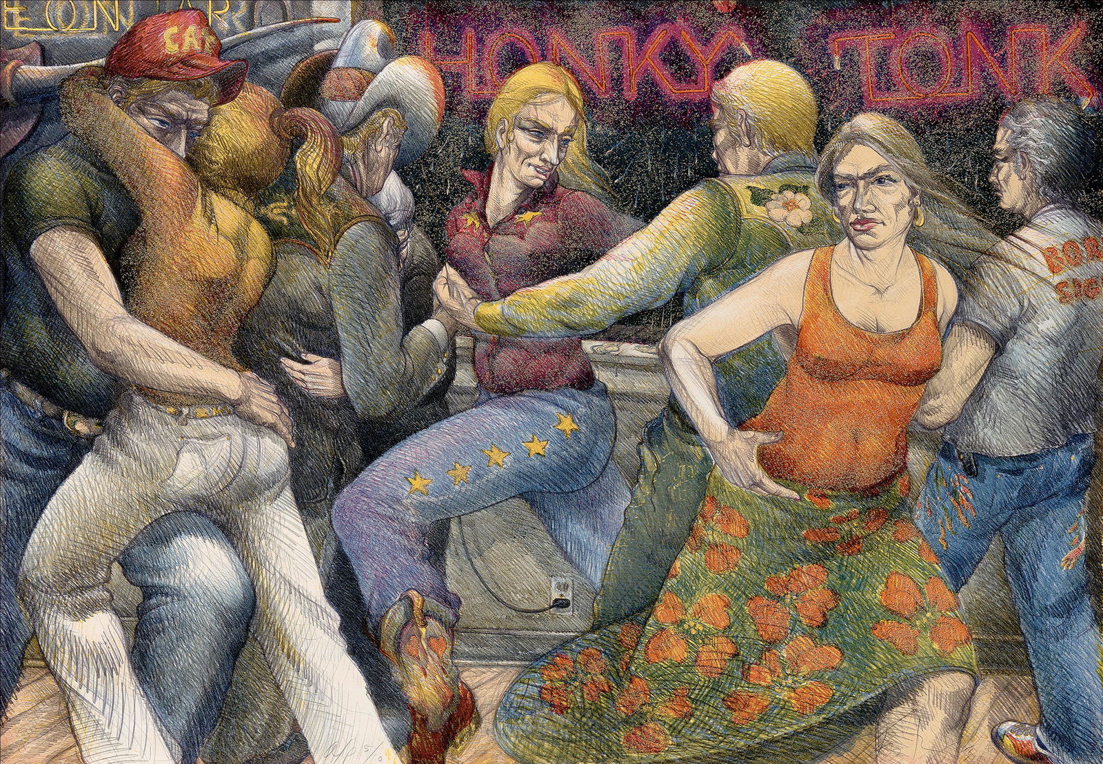 Luis Jimenez, Honkytonk, 1981: Luis Jimenez(1940 - 2006)Honkytonk, 1981color lithograph with glitter, Artist's Proof 5 of 10initialed lower right: LJ editioned lower center: a/p 5/10Landfall Press Inc., Chicago, IL, 198135 x 50