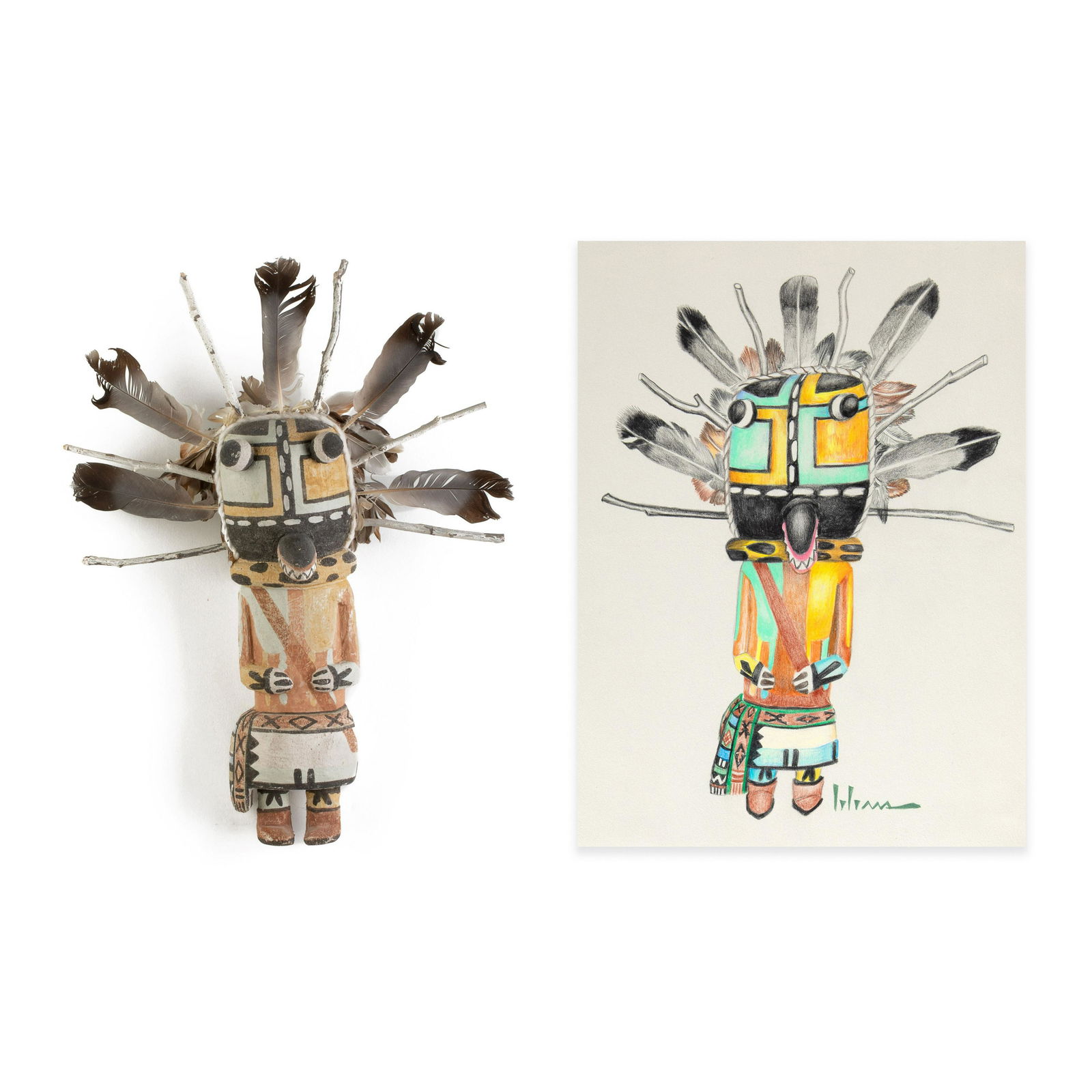 Manfred Susunkewa + Charles Loloma, Wupamo (Long-Billed) Katsina and Drawing (1 of 6)