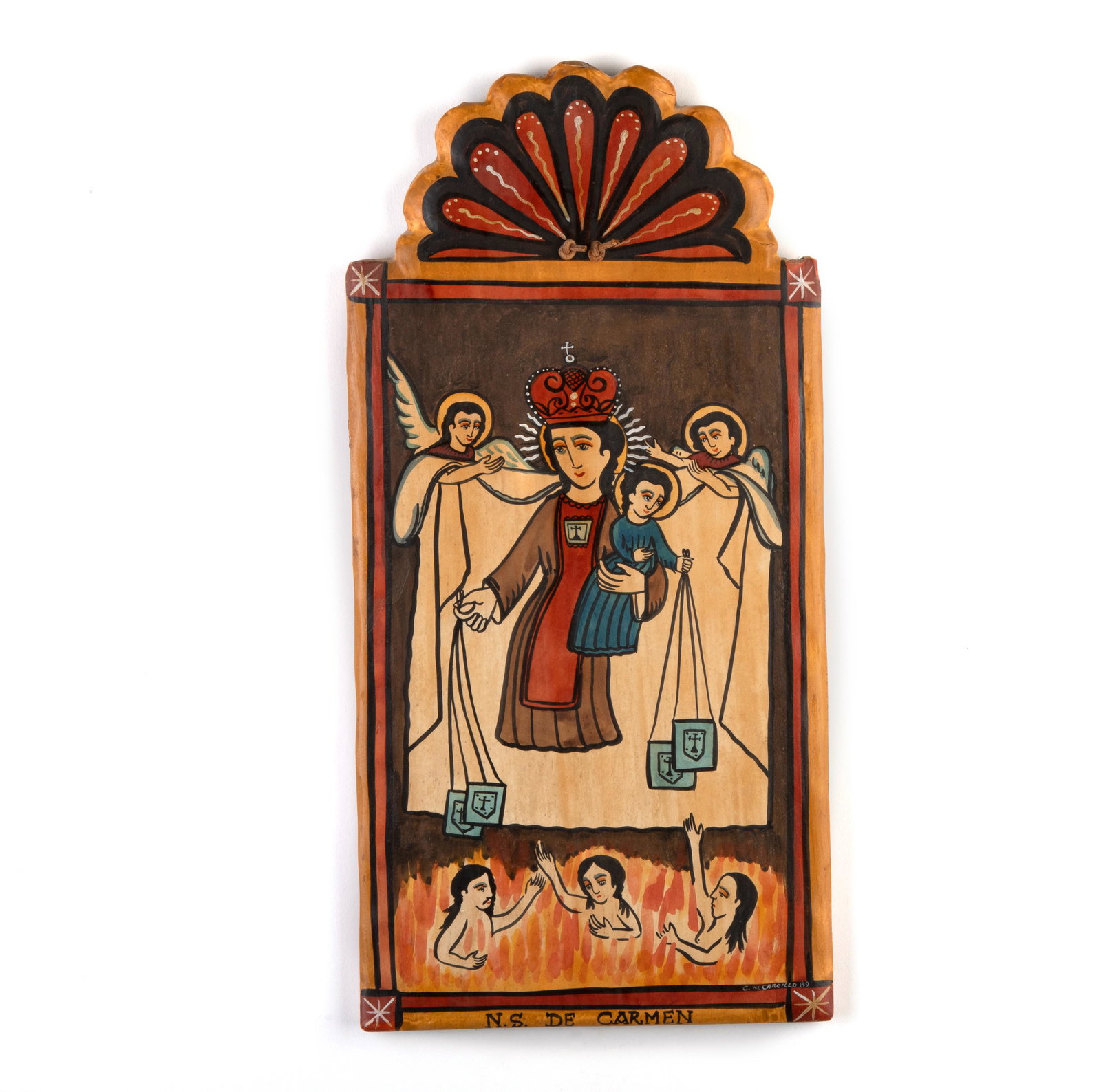 Charles M. Carrillo, Nuesteo Sonora de Carmen, 1989: Charles M. Carrillo(New Mexico, b. 1956)Nuesteo Sonora de Carmen, 1989homemade gypsum gesso, natural vegetable dyes, mineral pigments and pinon sap varnish on hand carved woodtitled lower center: N.S.