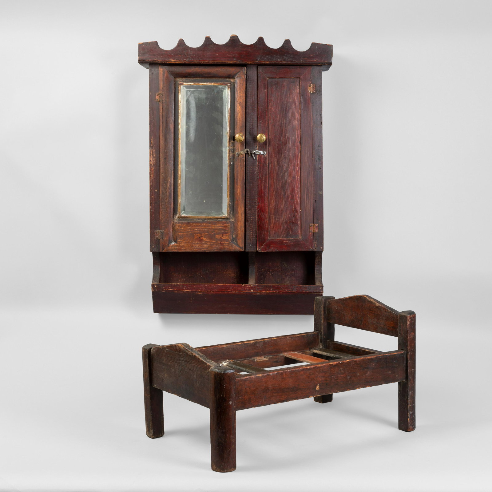 Sixto Espinose, Wooden Doll Bed from Las Vegas, NM ca. 1900 + Wooden Shaving Cabinet with Beveled (1 of 1)