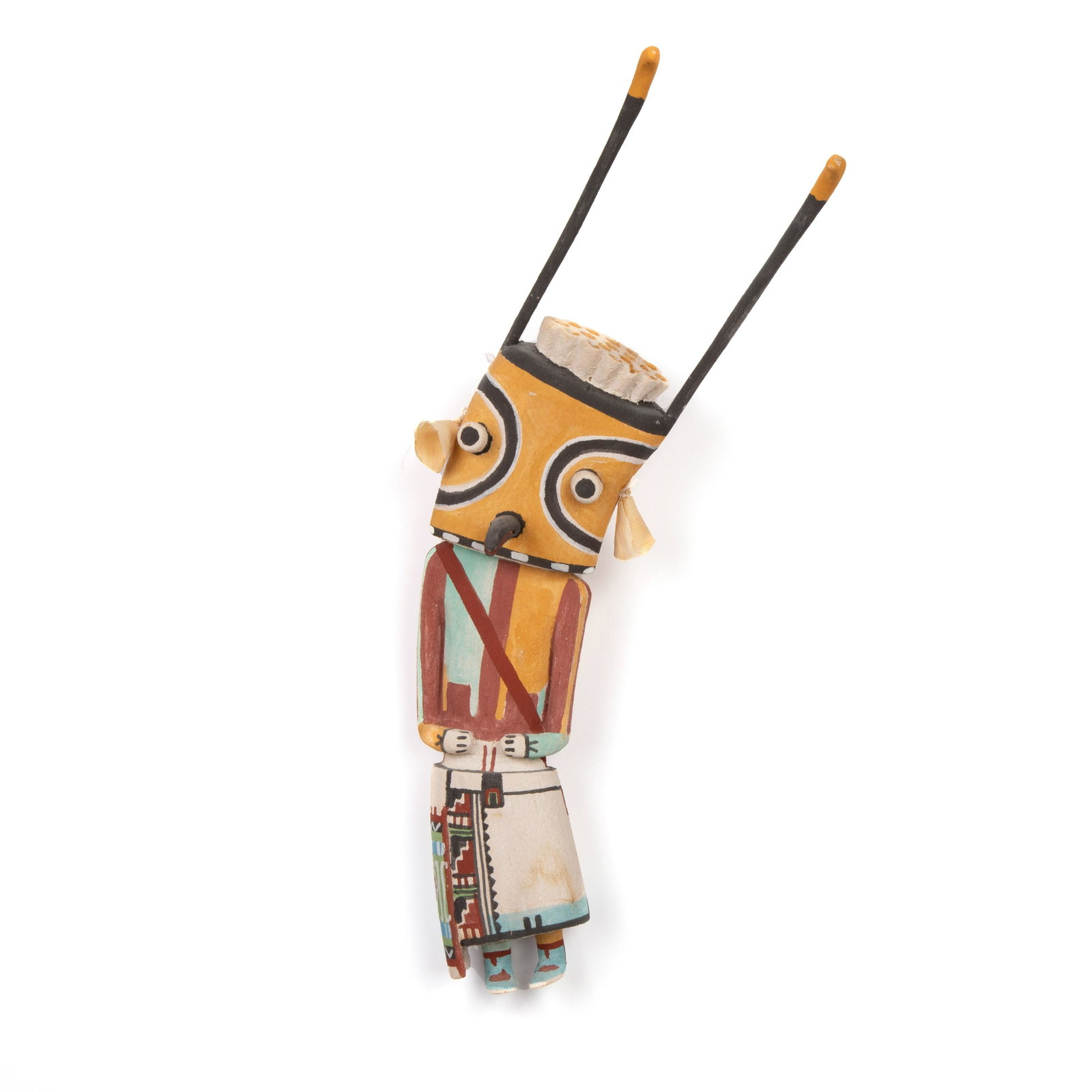 Clark Tenakhongva, Momo (Bee) Katsina: Clark Tenakhongva (Hopi, b. 1956) Momo (Bee) Katsina carved cottonwood, pigments, feathers inscribed underside: C.W.T / [rabbit tracks cipher] 14 3/8 x 7 3/8 x 3 5/8 in. (36.51 x 18.73 x 9.21 cm.) The