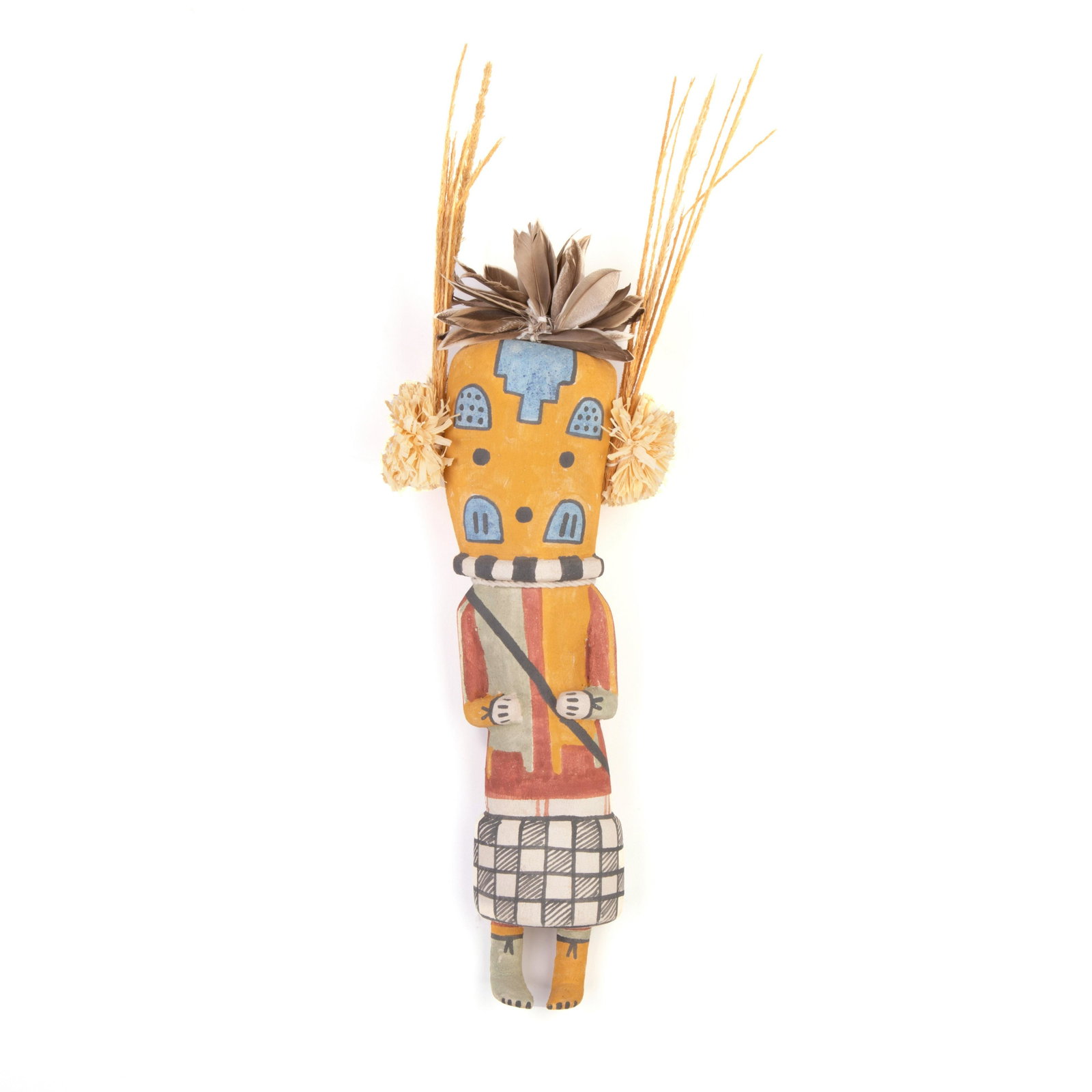 Clark Tenakhongva, Untitled (Katsina): Clark Tenakhongva (Hopi, b. 1956) Sosopa Katsina carved cottonwood, straw, fibers, feathers, pigments inscribed underside: C.W.T / [rabbit tracks cipher] 15 3/8 x 4 7/8 x 1 3/8 in. (39.05 x 12.38 x 3.