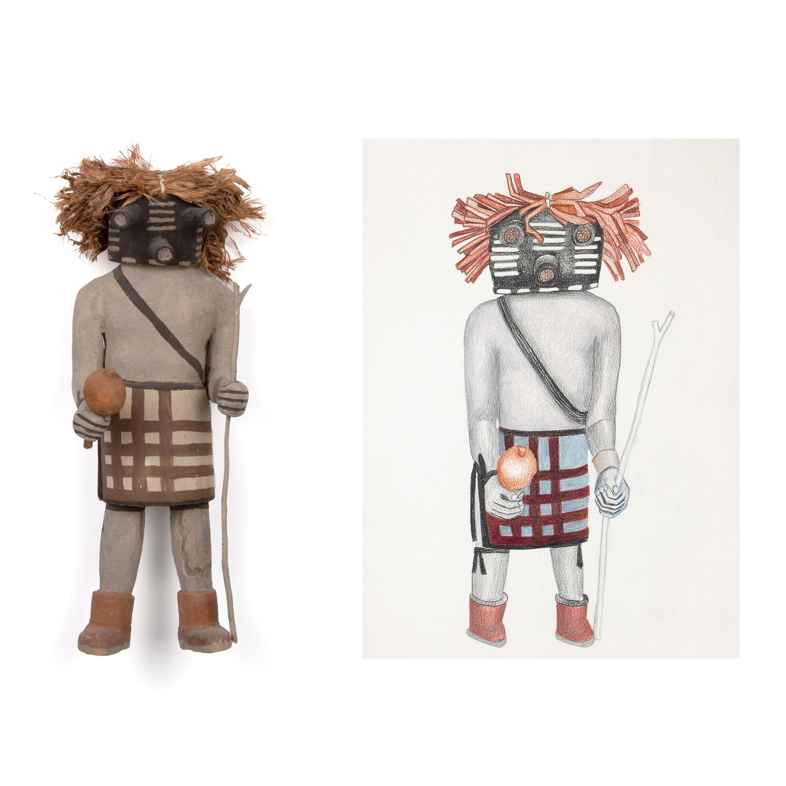 Charles Loloma + Jimmie Koots [Kootshongsie], Drawing and Katsina Pair: Kwikwilyaqa (Mocking (1 of 4)