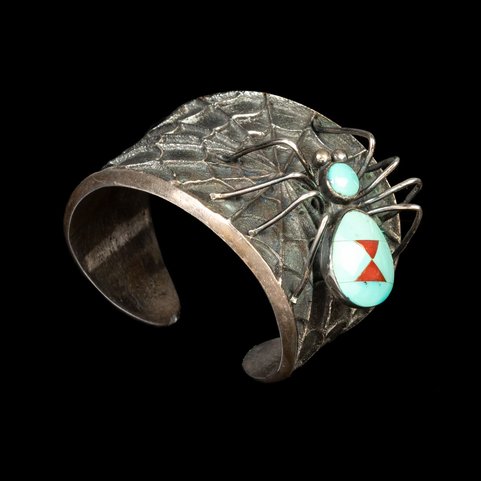 Preston Monongye, Tufa Cast Silver and Turquoise Spider Cuff Bracelet (1 of 1)