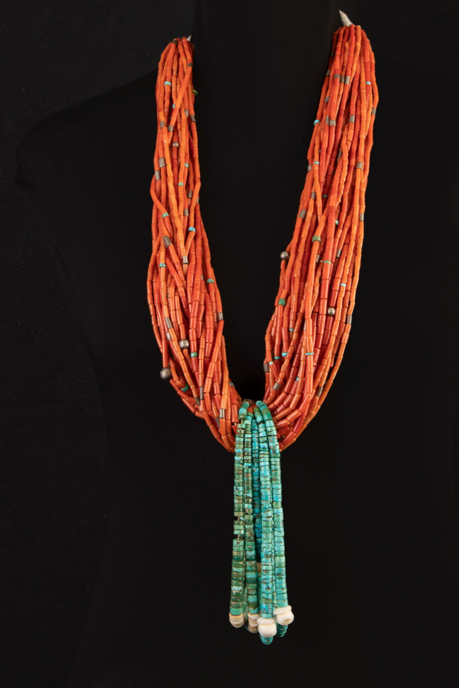 Pueblo, Thirty Strand Coral Necklace with Turquoise Jaklas (1 of 2)