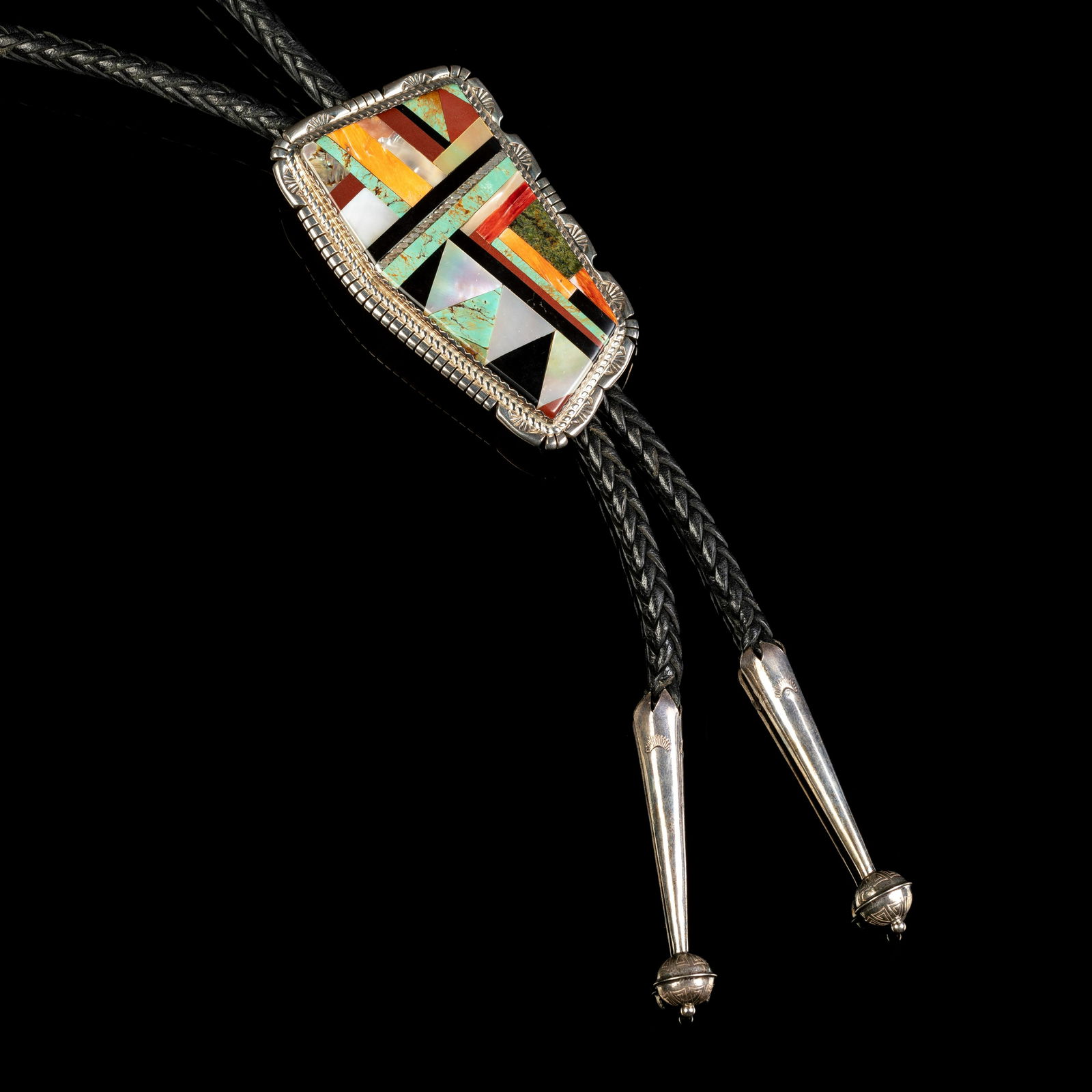 Jimmy Calabaza [Ca'Win], Silver and Stone Inlay Mosaic Bolo Tie (1 of 3)
